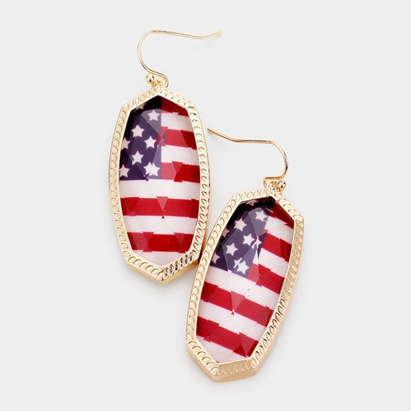 Jewelry - American Flag Hexagon Stone Dangling Earrings, Patriotic Jewelry